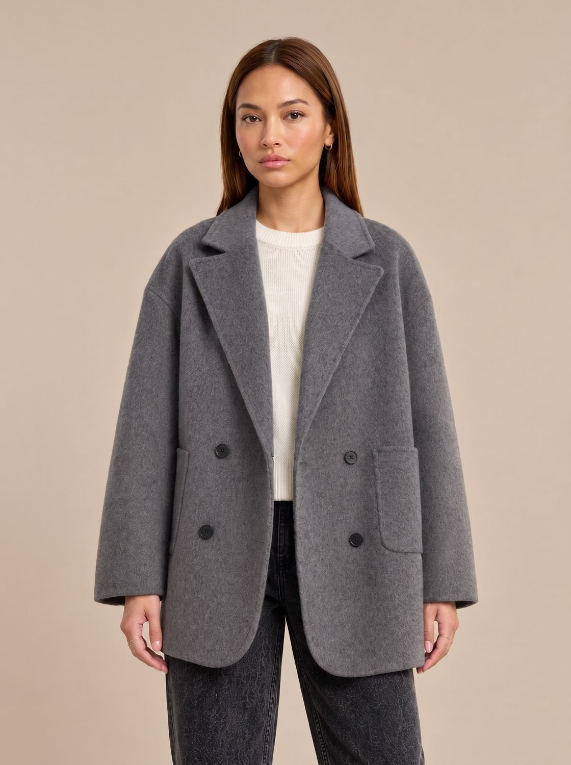 Women's Oversized Double-Breasted Wool Coat Lapel Collar - Grey
