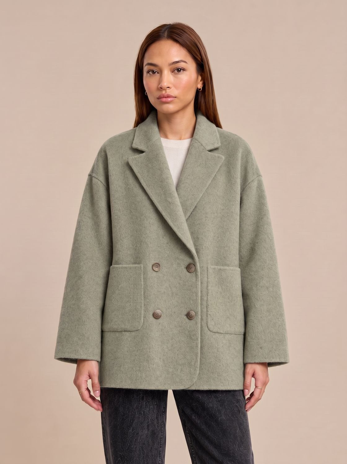 Women's Oversized Double-Breasted Wool Coat Lapel Collar - Green