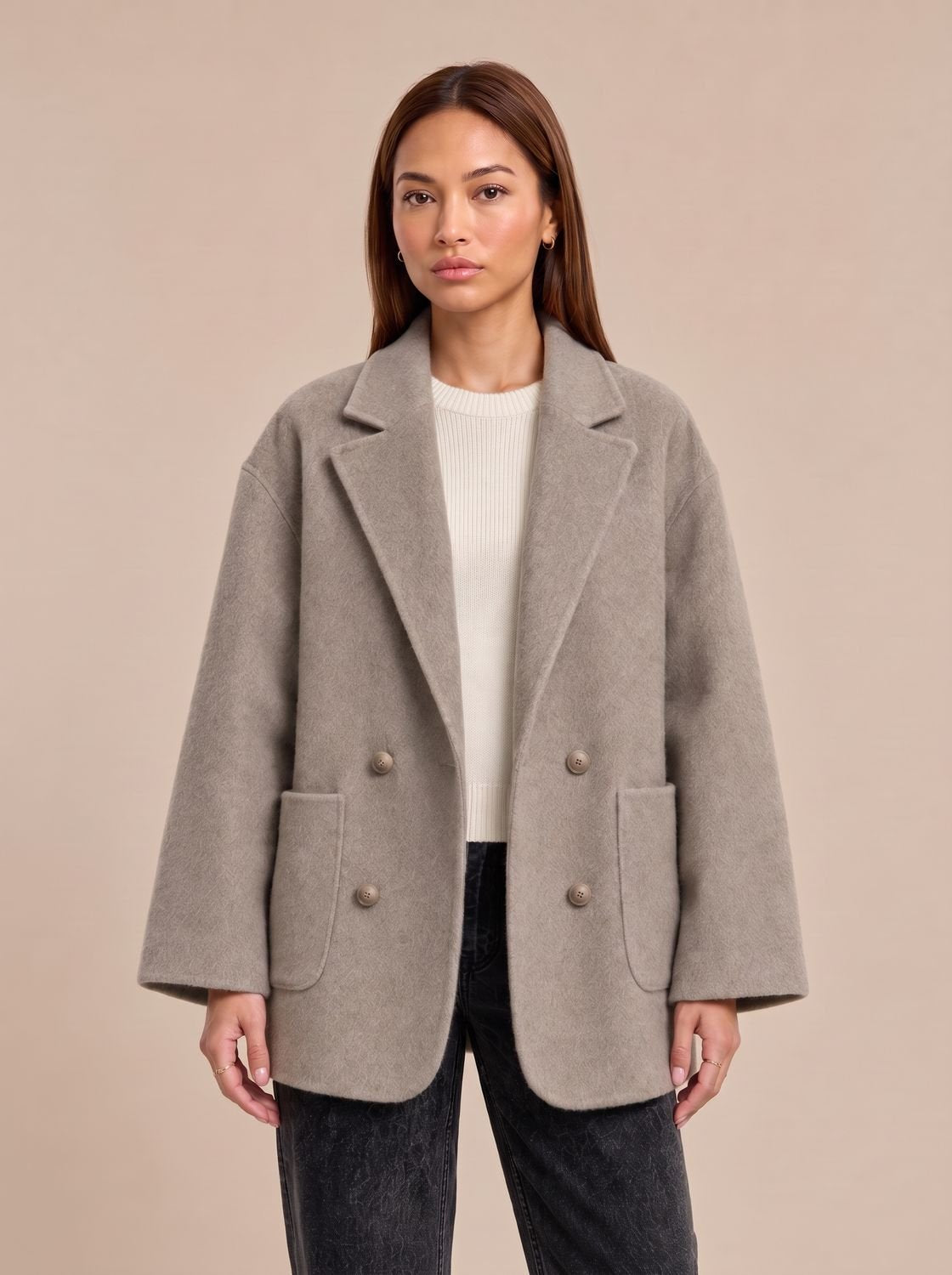 Women's Oversized Double-Breasted Wool Coat Lapel Collar - Beige