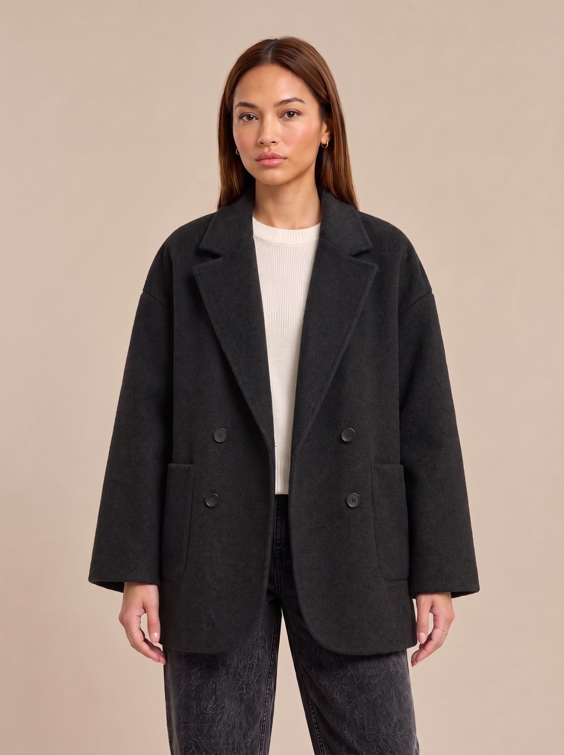 Women's Oversized Double-Breasted Wool Coat Lapel Collar - Black