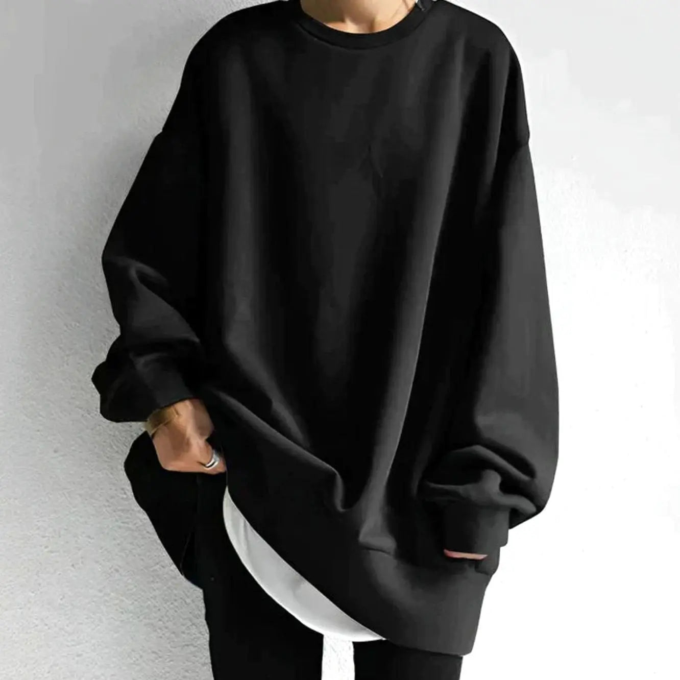 Women's Oversized Drop-Shoulder Tunic Jumper Long Sleeve Crewneck - Black