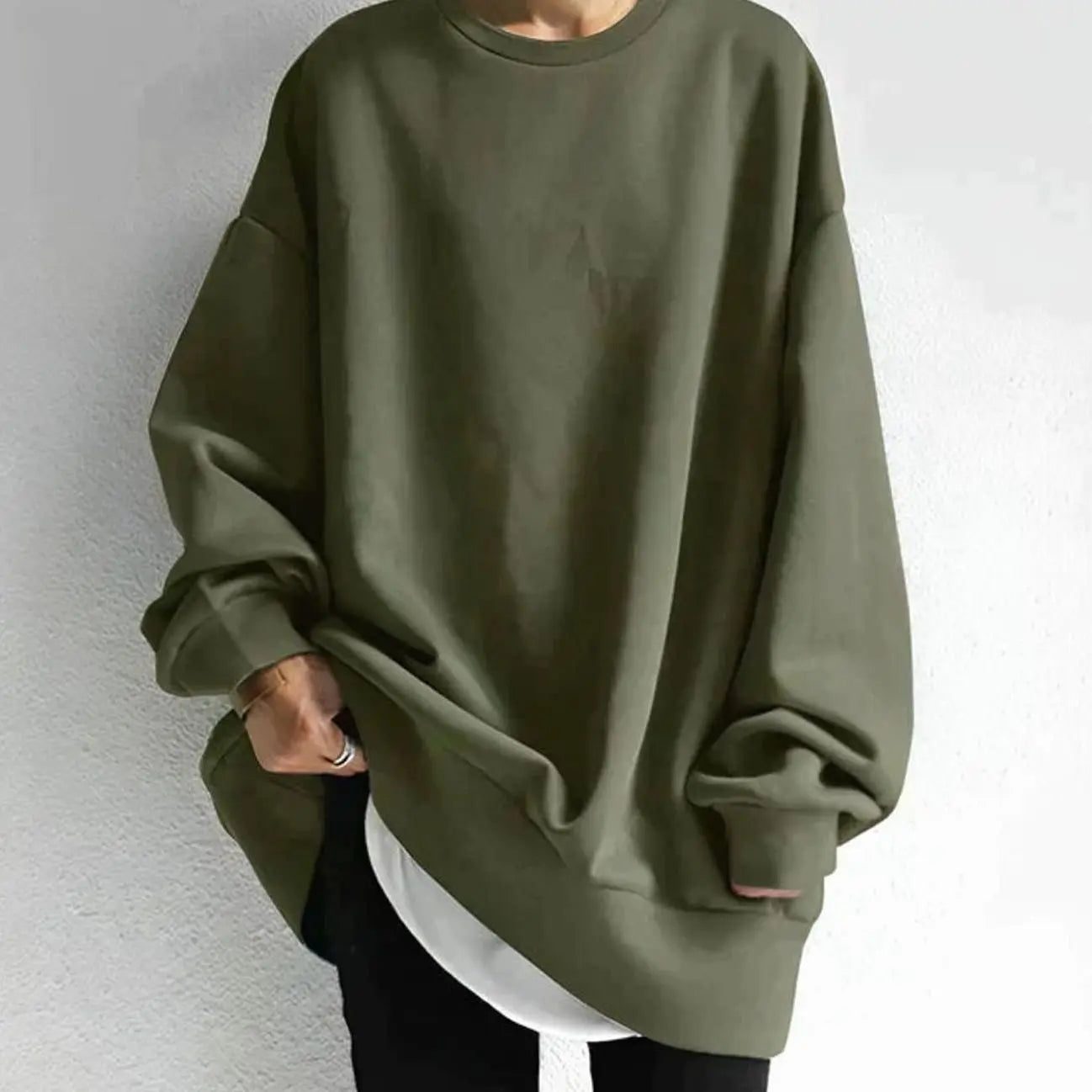 Women's Oversized Drop-Shoulder Tunic Jumper Long Sleeve Crewneck - Army Green