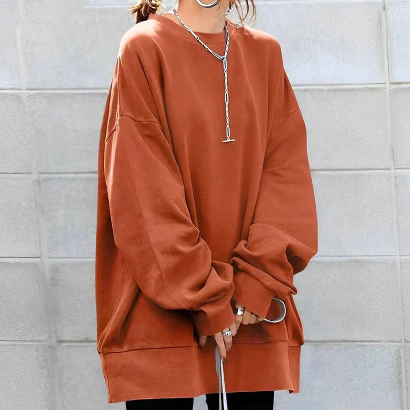 Women's Oversized Drop-Shoulder Tunic Jumper Long Sleeve Crewneck - Orange