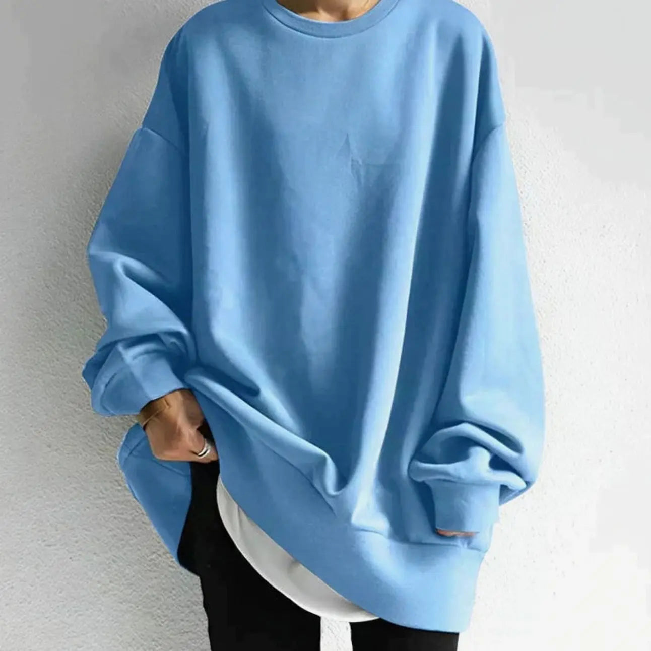 Women's Oversized Drop-Shoulder Tunic Jumper Long Sleeve Crewneck - Light Blue