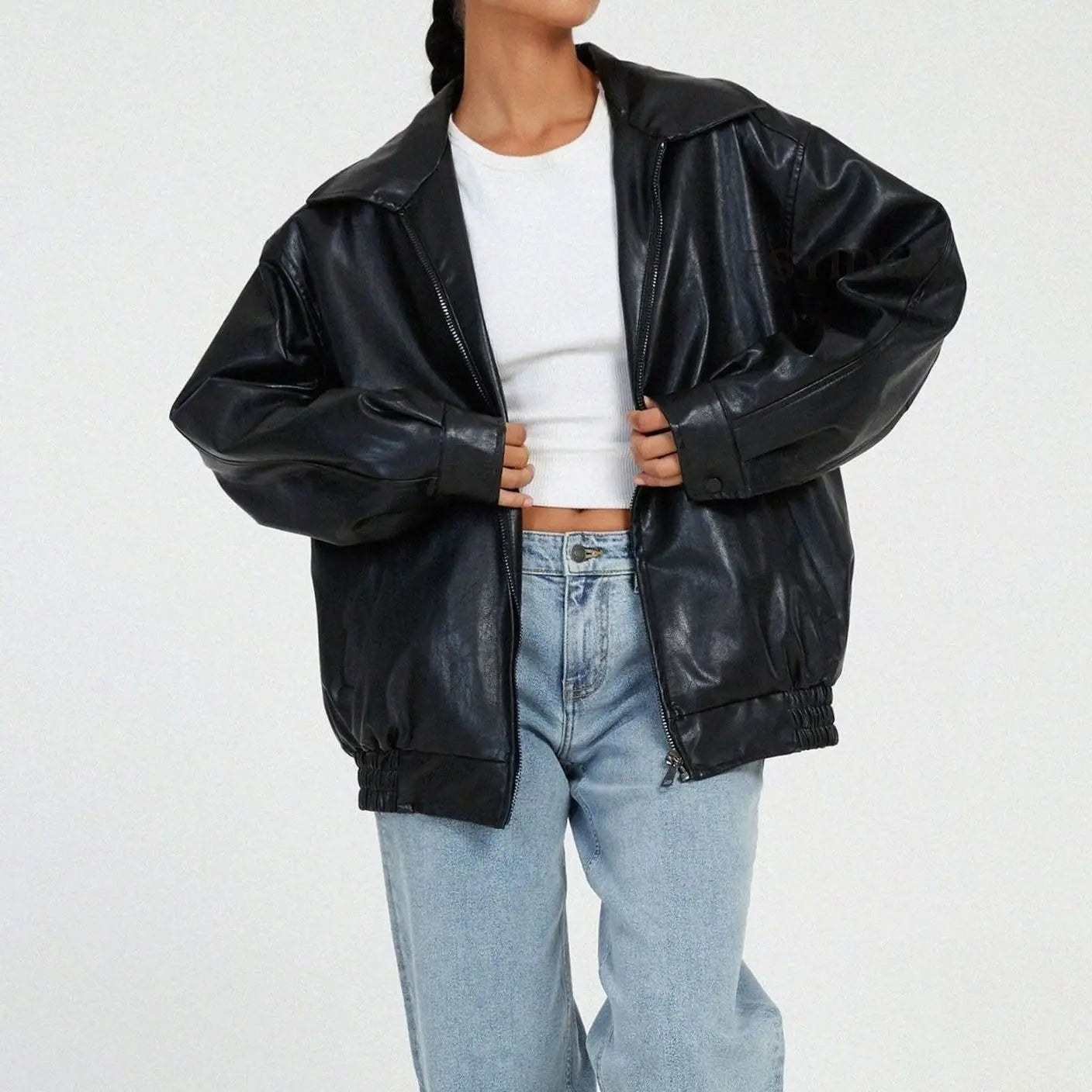 Women's Oversized Faux Leather Zip-Up Trendy Jacket