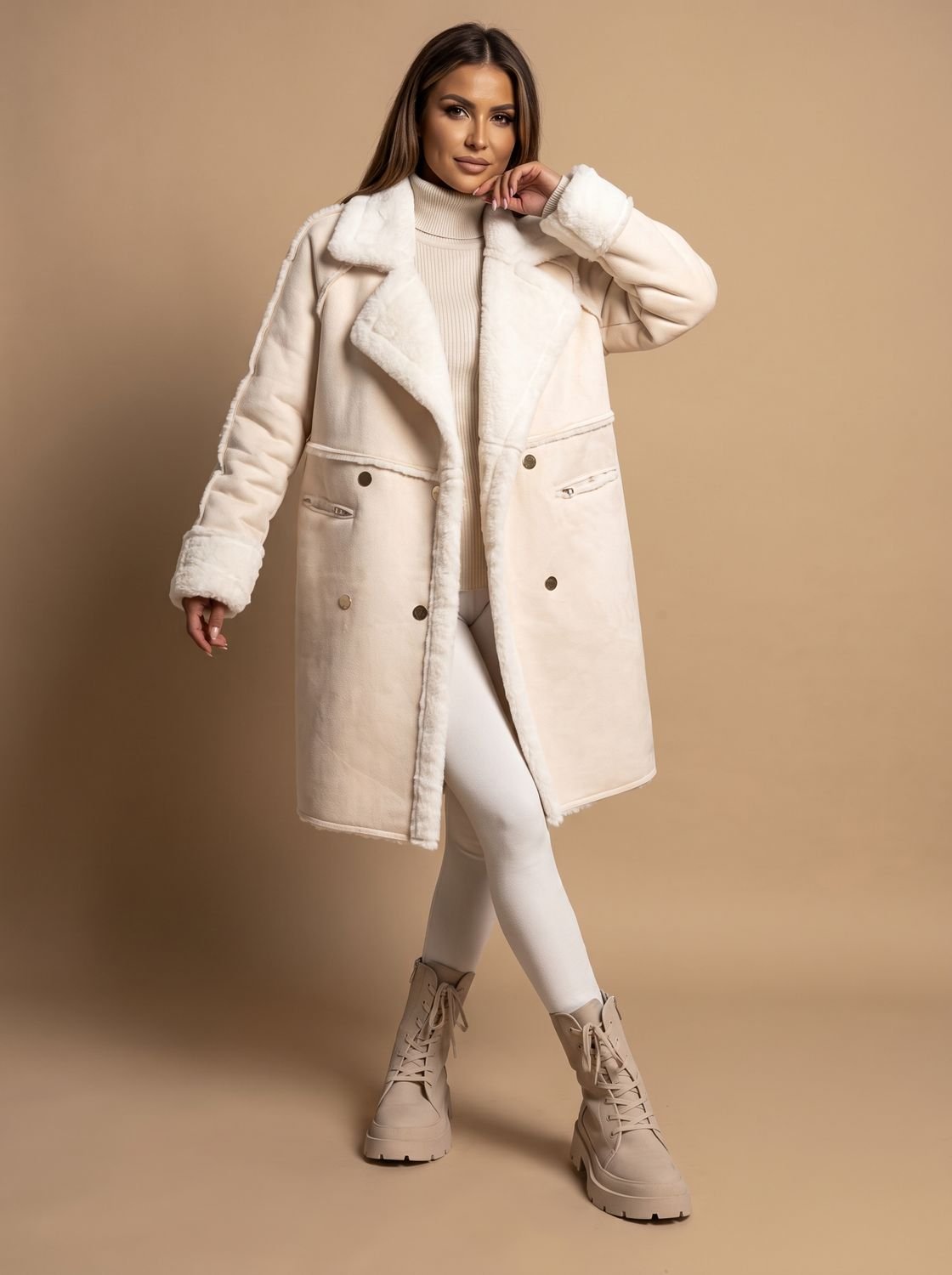 Women's Oversized Faux Shearling Double-Breasted Long Coat - Beige