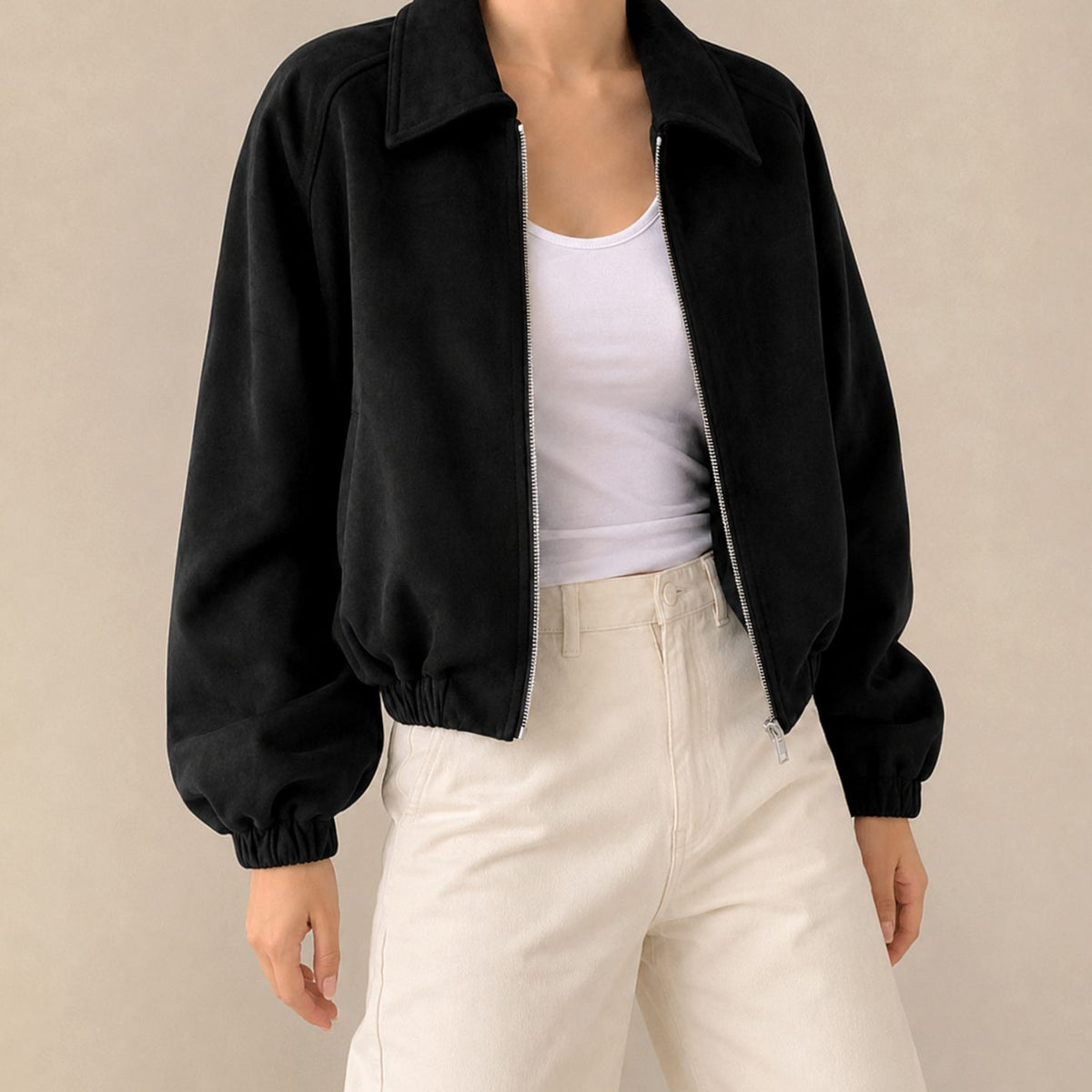 Women's Oversized Faux Suede Cropped Zip-Up Jacket - Black