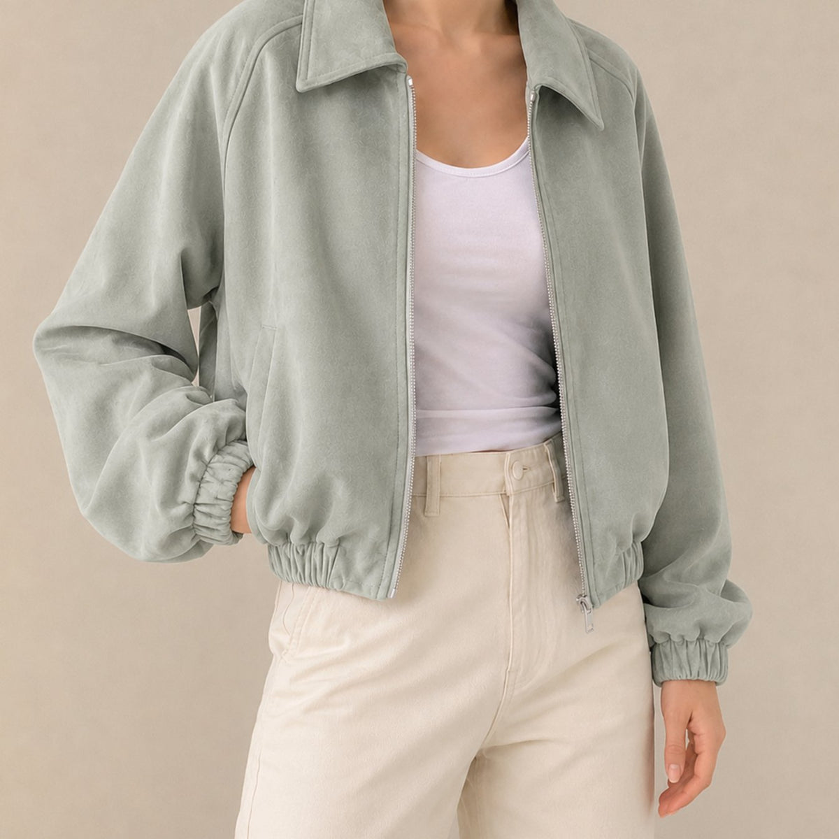 Women's Oversized Faux Suede Cropped Zip-Up Jacket - Sage