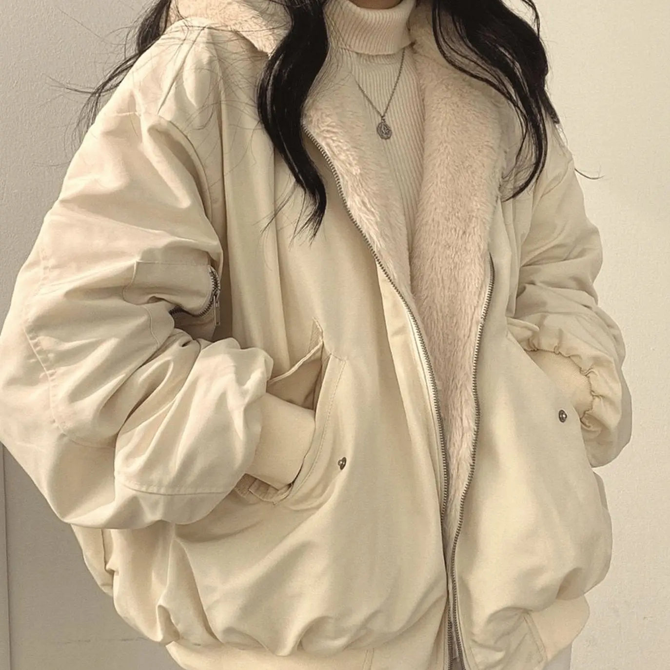 Women's Oversized Fleece-Lined Zip-Up Winter Jacket - Beige