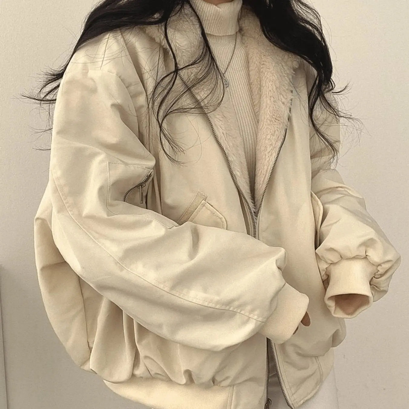 Women's Oversized Fleece-Lined Zip-Up Winter Jacket