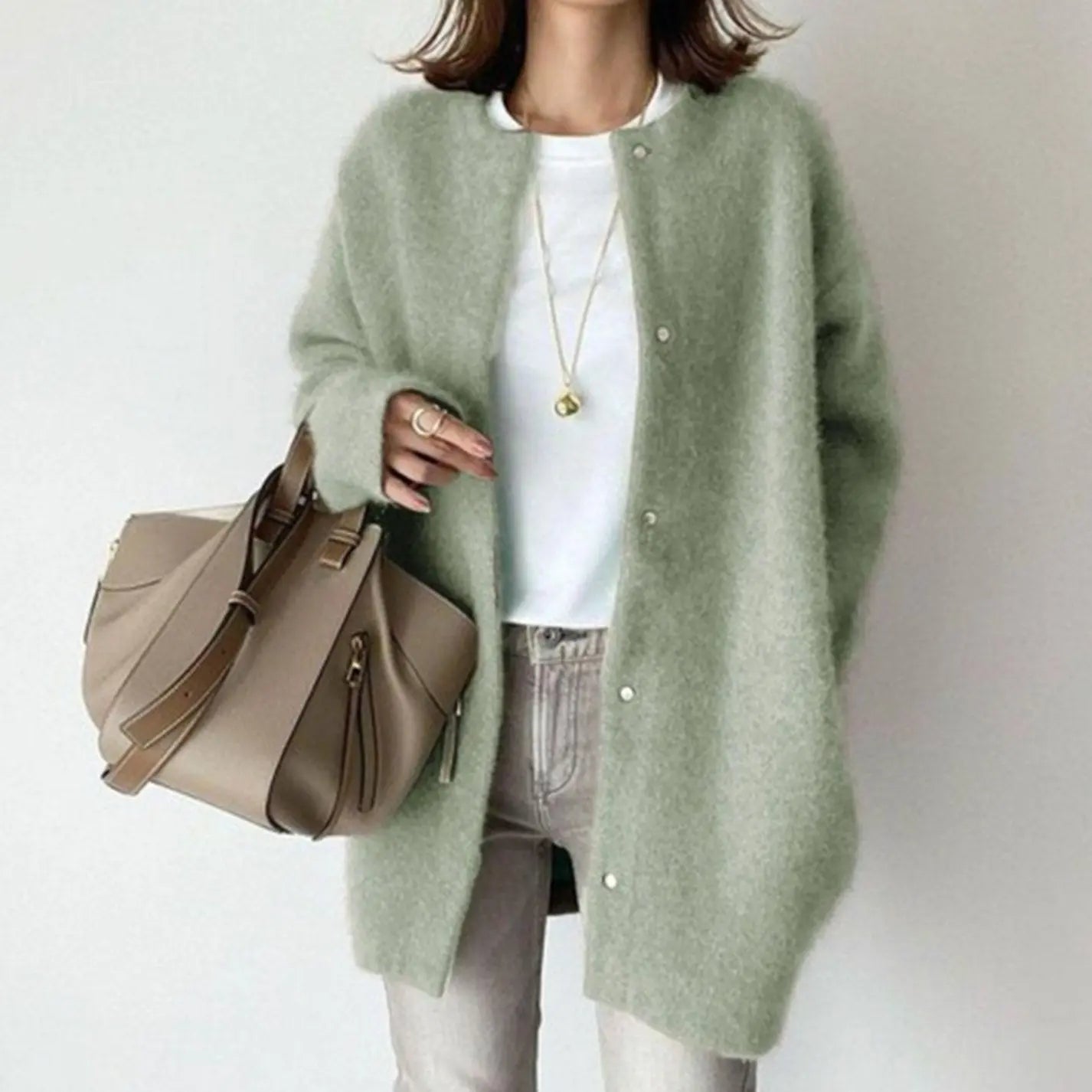 Women's Oversized Fluffy Button-Down Winter Cardigan - Green