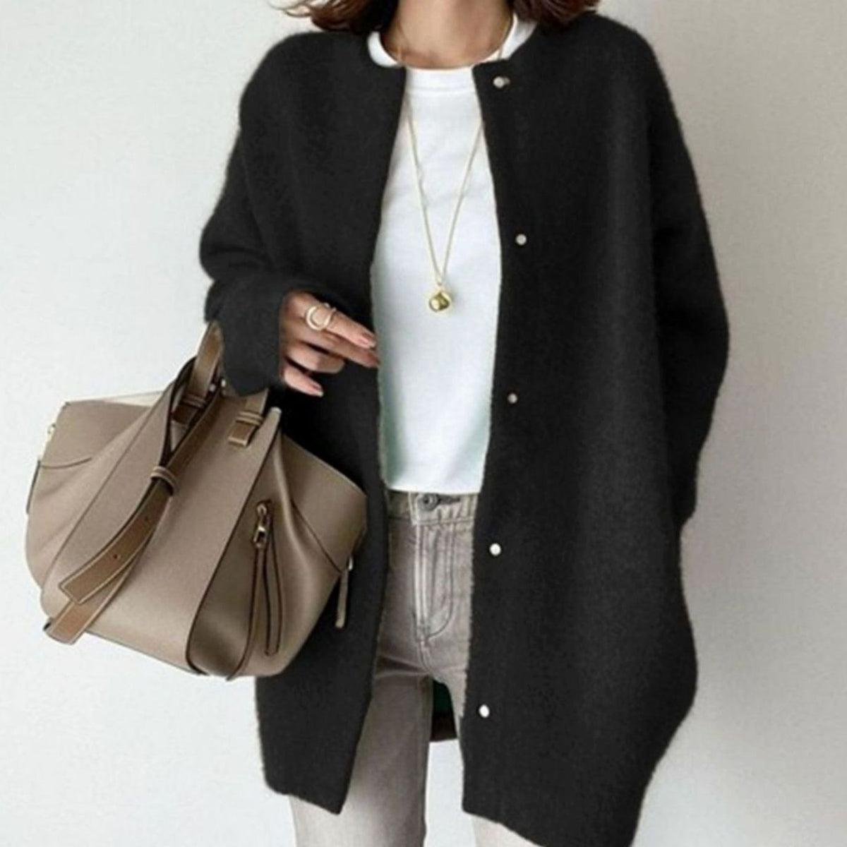 Women's Oversized Fuzzy Knit Snap-Button Longline Cardigan - Black