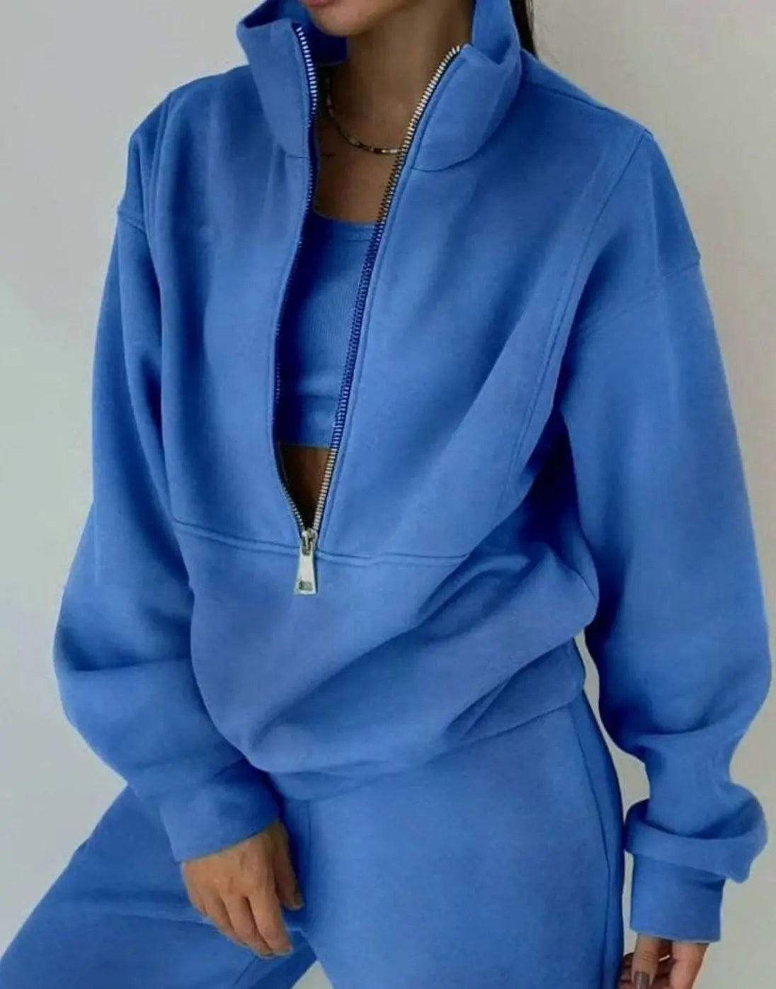 Women's Oversized Half-Zip Cropped Jogger Two-Piece Set - Blue