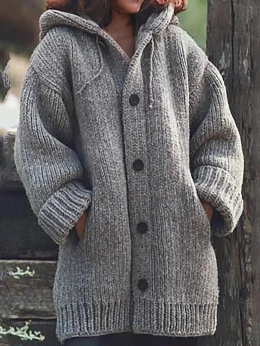 Women's Oversized Hooded Knit Button-Up Cardigan - Grey