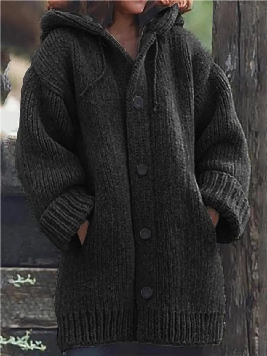 Women's Oversized Hooded Knit Button-Up Cardigan - Black