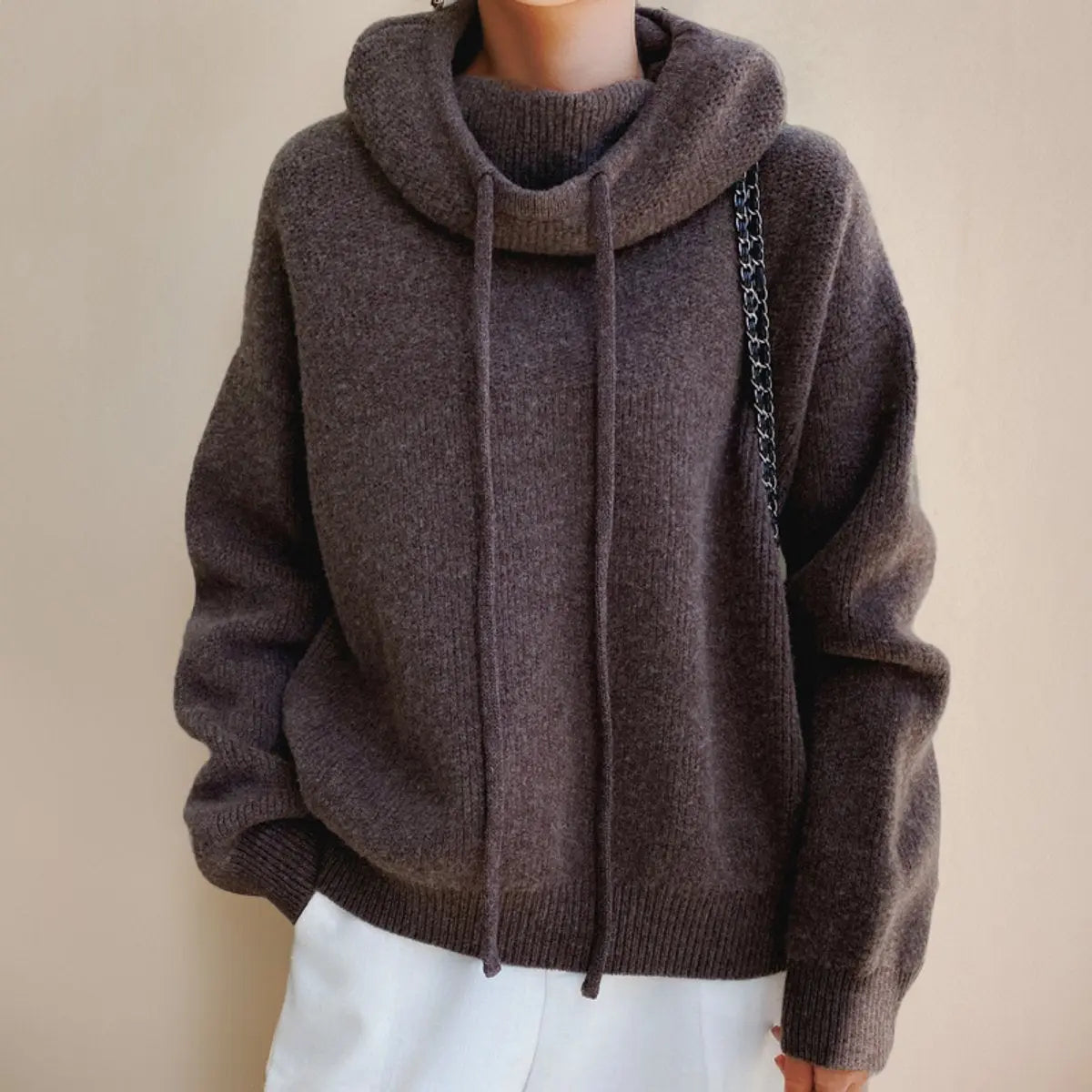 Women's Oversized Hooded Knit Turtleneck Sweater - Brown