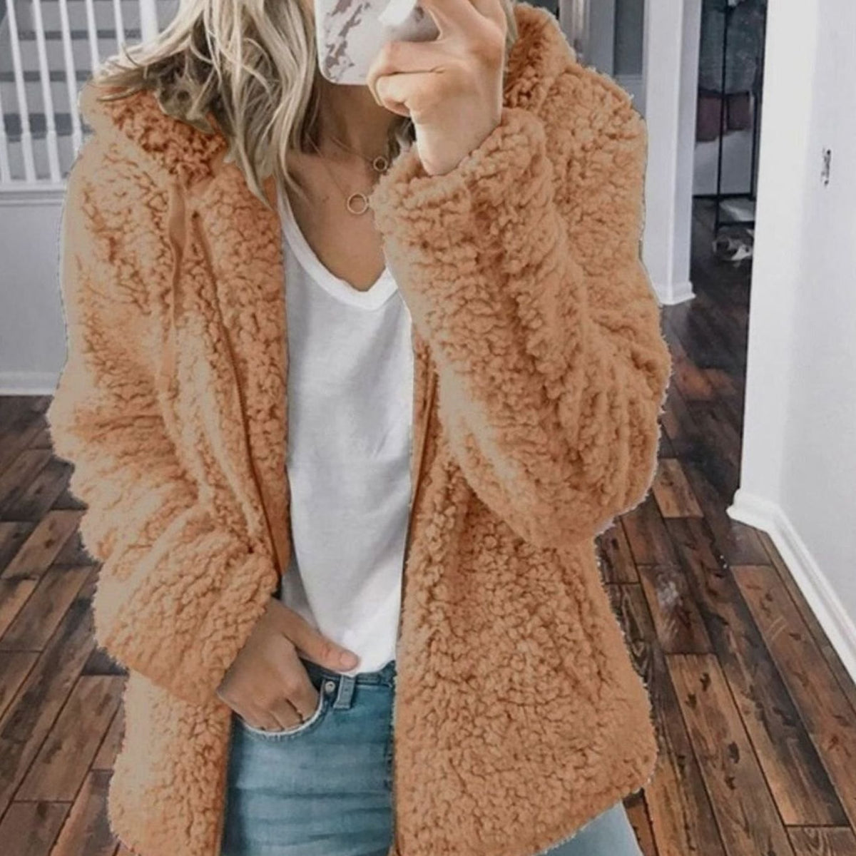 Women's Oversized Hooded Teddy Fleece Coat, Beige - Cappuccino