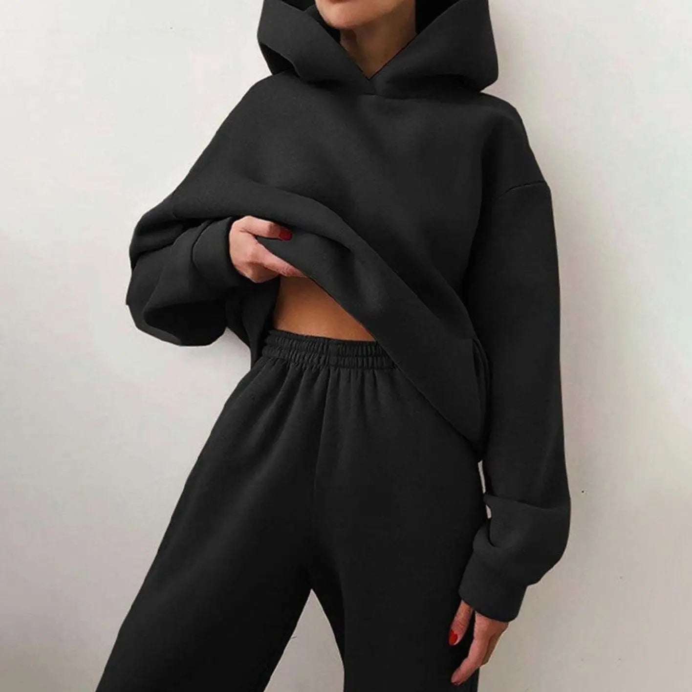 Women's Oversized Hoodie High-Waist Jogger Two-Piece Set - Black