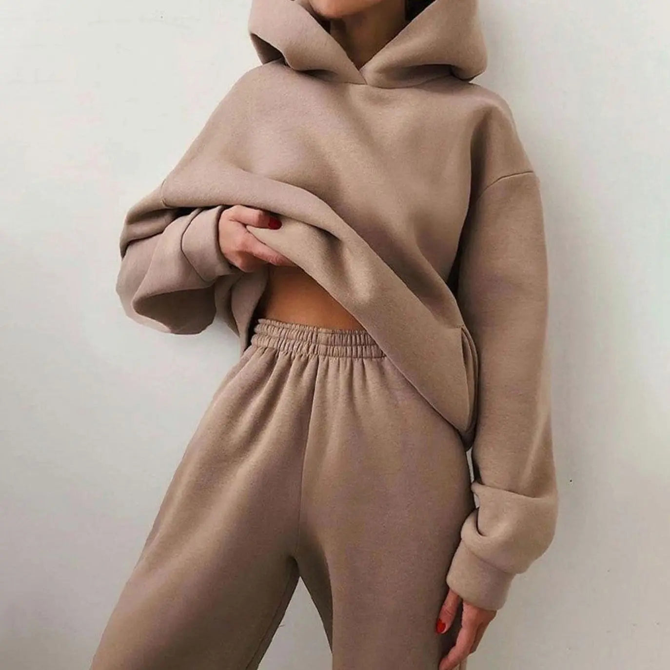 Women's Oversized Hoodie High-Waist Jogger Two-Piece Set - Khaki