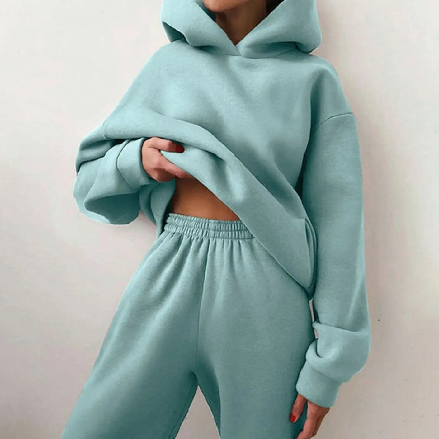 Women's Oversized Hoodie High-Waist Jogger Two-Piece Set - Mint Blue