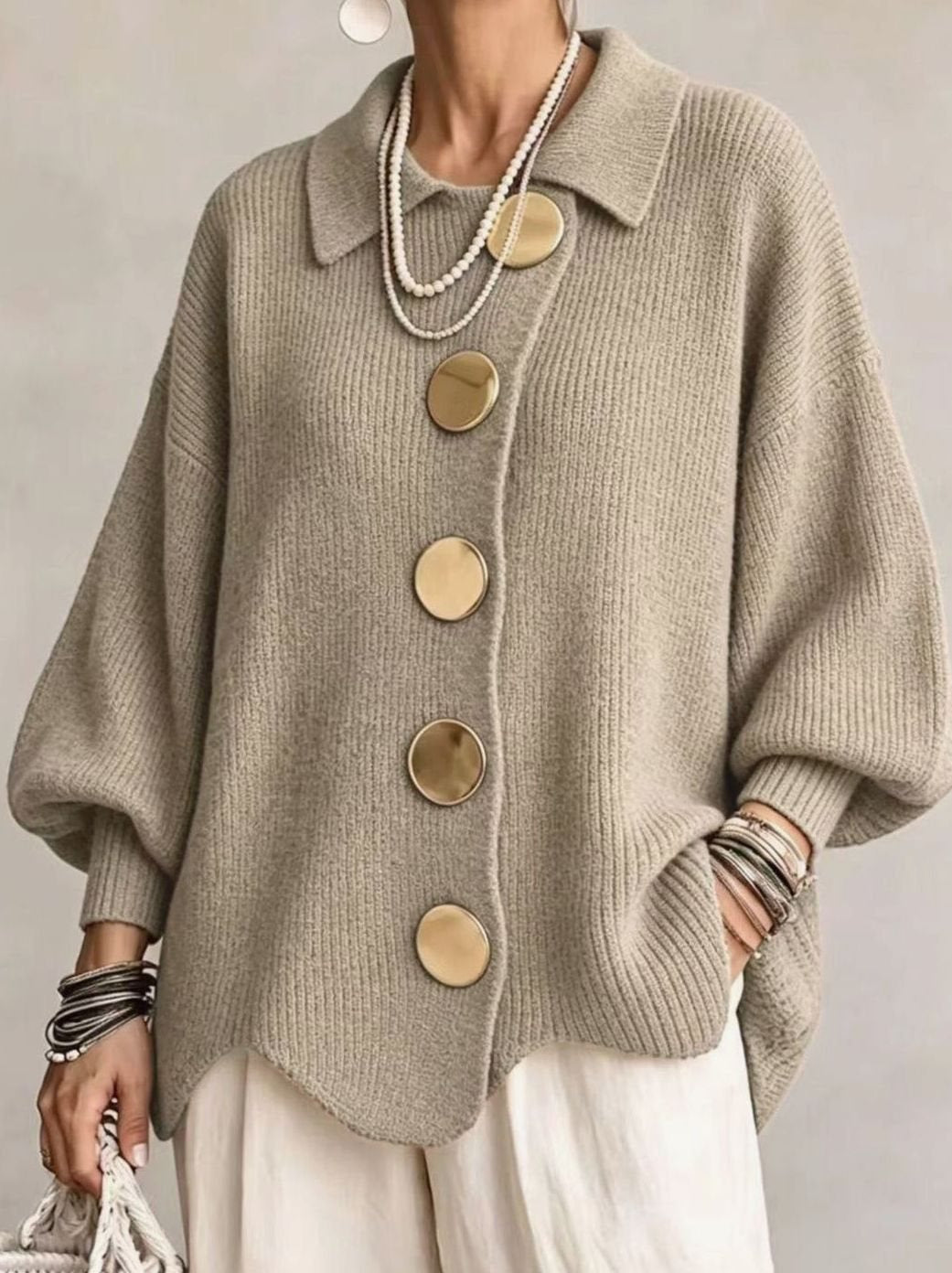Women's Oversized Knit Cardigan Gold Button Lantern Sleeve Jumper - Khaki