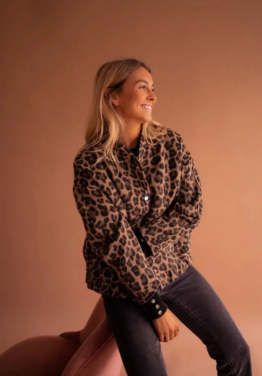 Women's Oversized Leopard Print Quilted Jacket Press-Stud Fastening