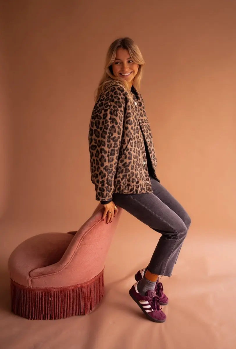 Women's Oversized Leopard Print Quilted Jacket Press-Stud Fastening
