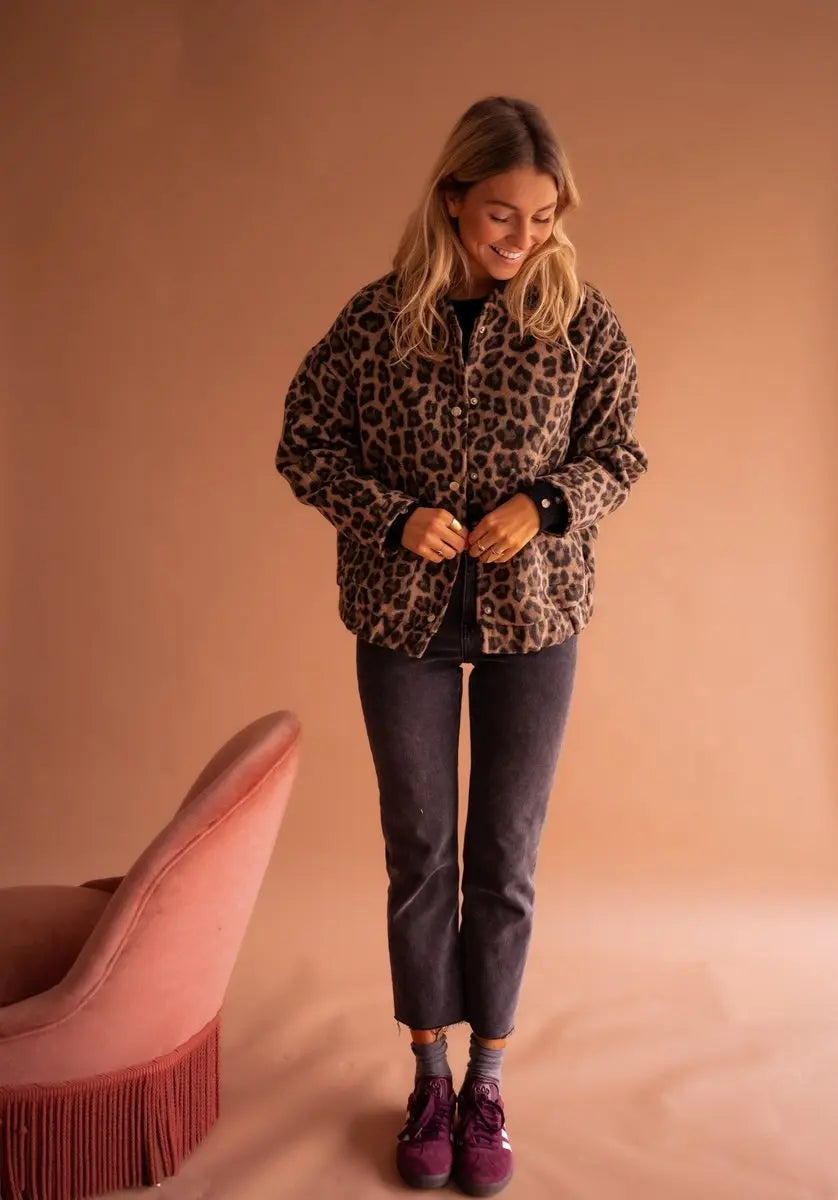 Women's Oversized Leopard Print Quilted Jacket Press-Stud Fastening