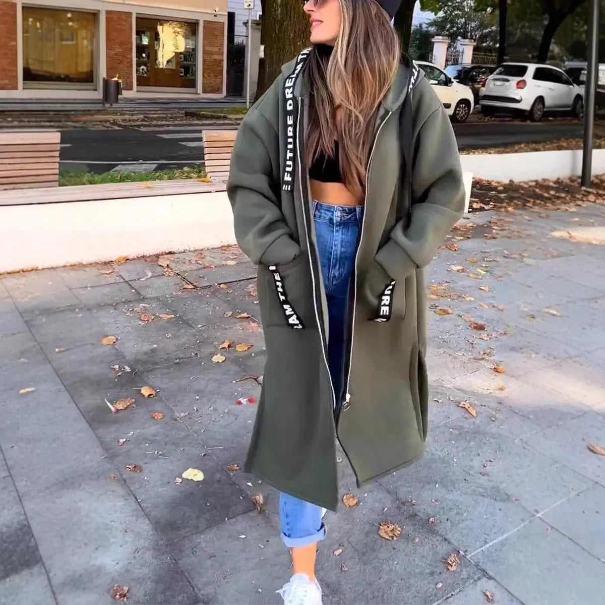 Women's Oversized Long Hooded Zip-Up Coat - Green