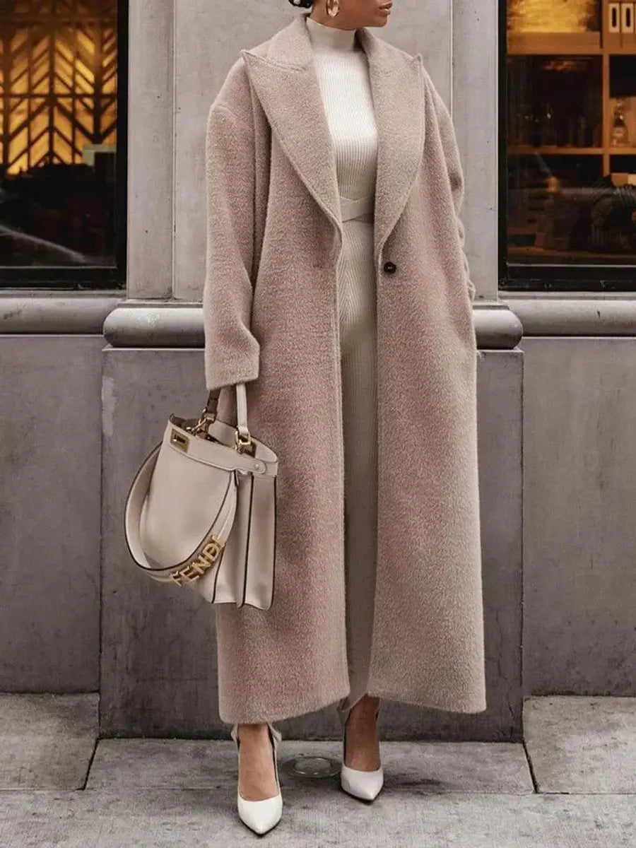 Women's Oversized Long Lapel Single-Breasted Wool-Look Coat