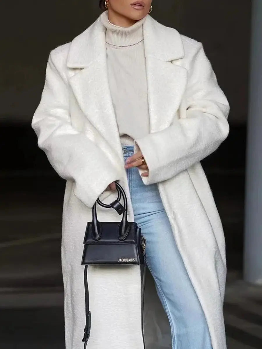 Women's Oversized Long Lapel Single-Breasted Wool-Look Coat - White