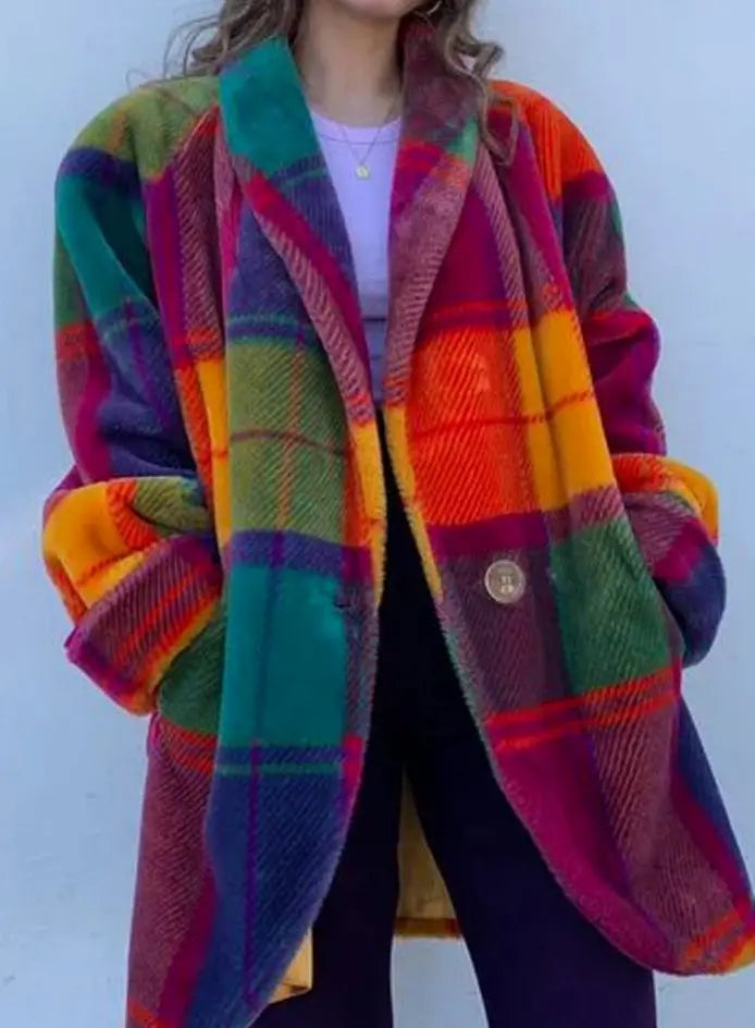 Women's Oversized Long Multicolour Plaid Coat - Checkered