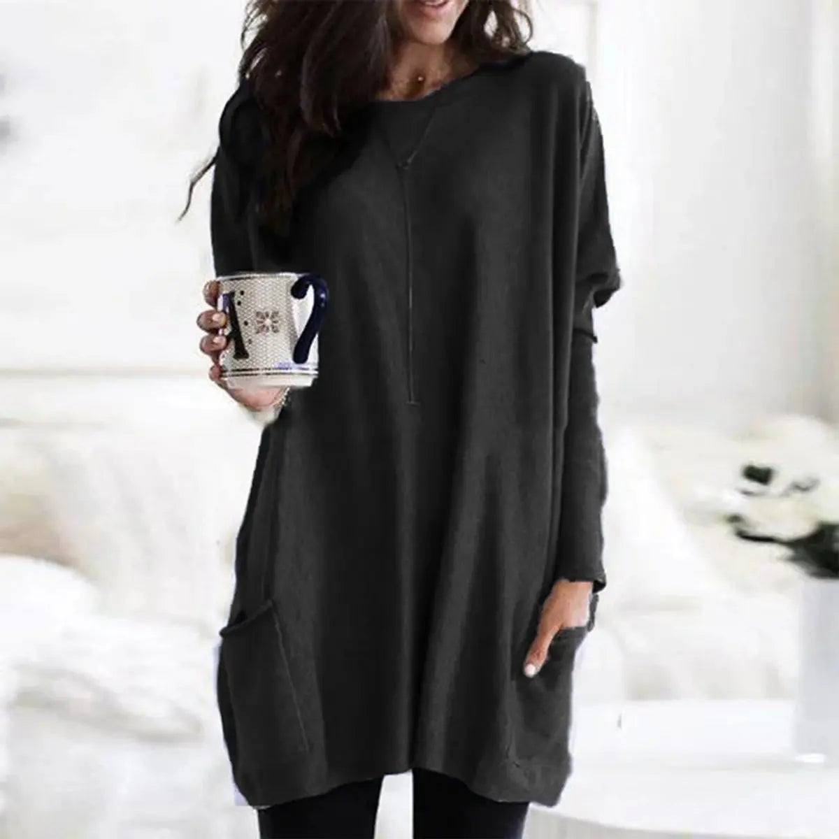 Women's Oversized Long Sleeve Pocket Tunic Jumper Plus Size - Black