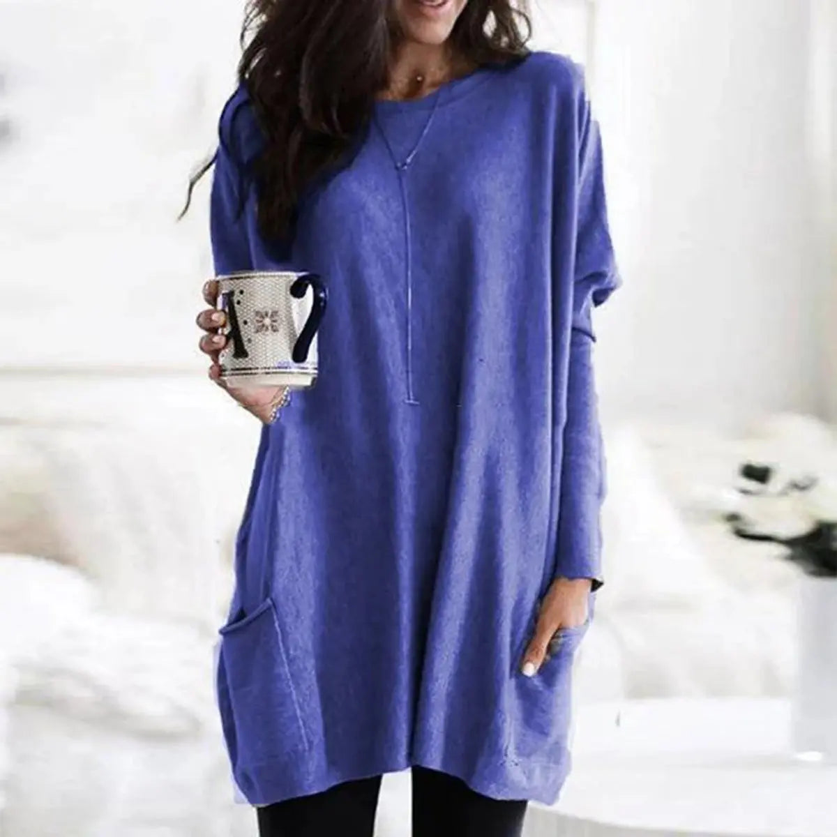 Women's Oversized Long Sleeve Pocket Tunic Jumper Plus Size - Blue