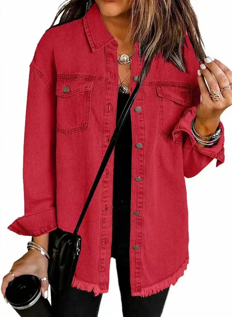Women's Oversized Longline Denim Jacket Raw Hem Snap Button - Red