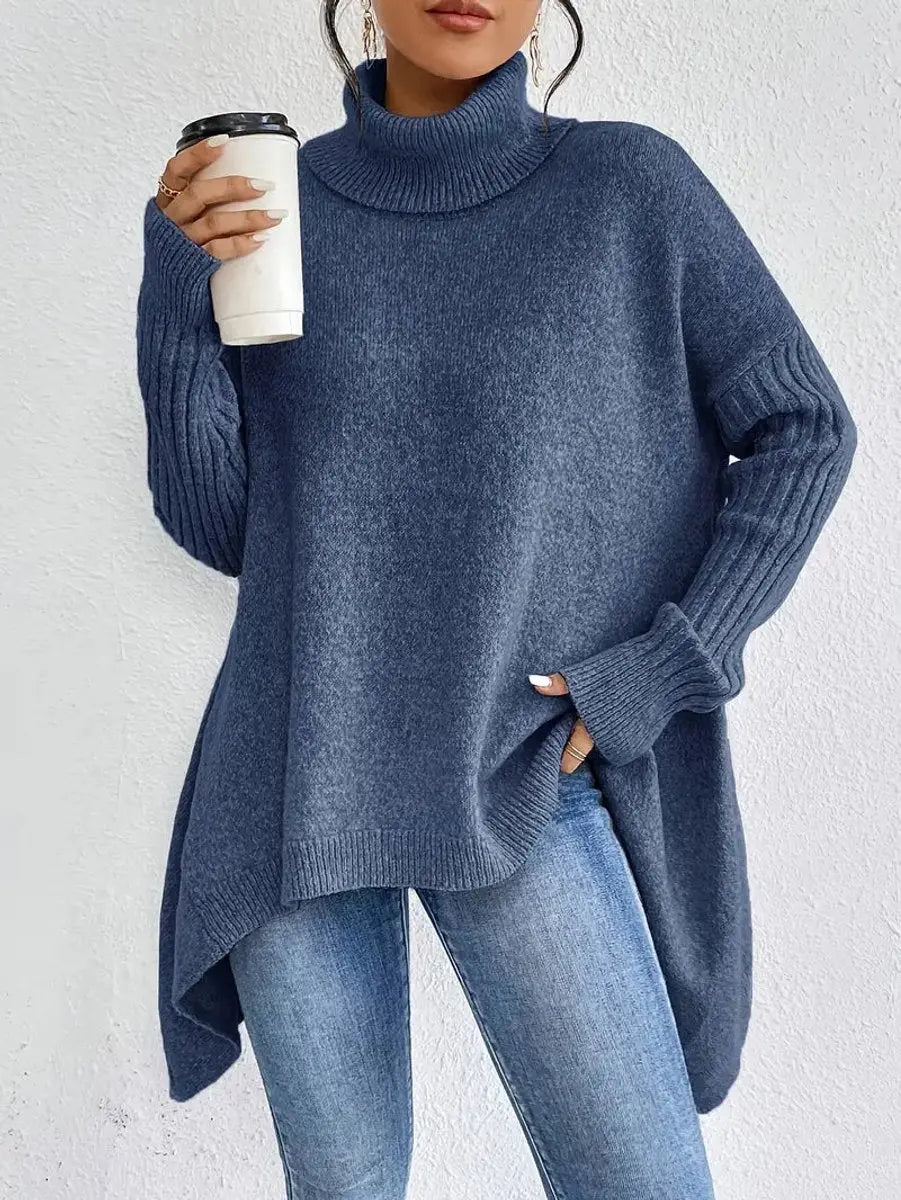 Women's Oversized Longline Ribbed Turtleneck Sweater Jumper - Ocean Blue