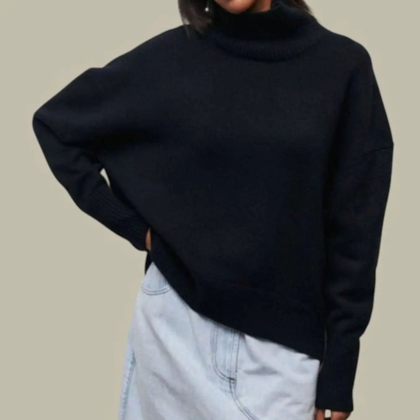Women's Oversized Loose Fit Turtlenecks Knit Winter Jumper - Black