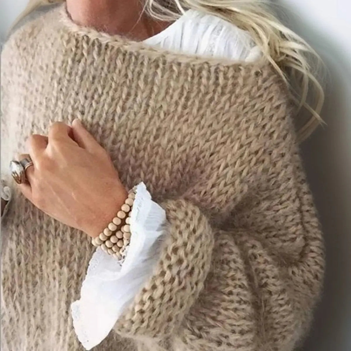 Women's Oversized Mohair Blend Knit Sweater Jumper - Khaki