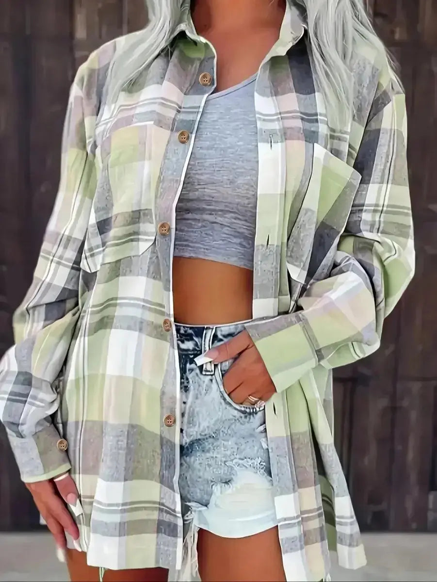 Women's Oversized Plaid Flannel Open-Front Shirt Cardigan - Green