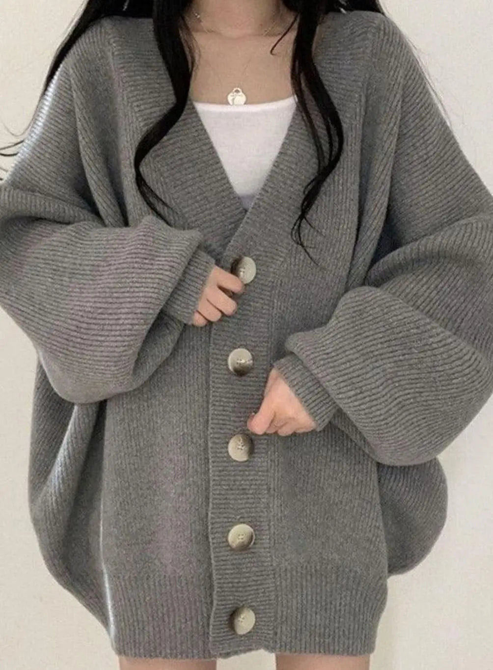 Women's Oversized Ribbed Knit Cardigan Balloon-Sleeve Button-Down Winter Jumper