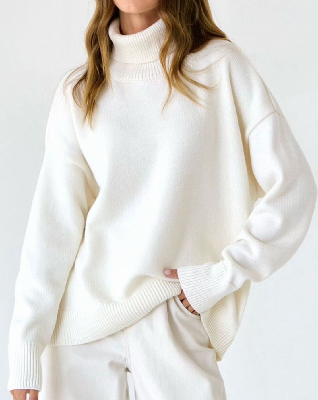 Women's Oversized Roll Neck Jumper Drop Shoulder Knit Pullover - White