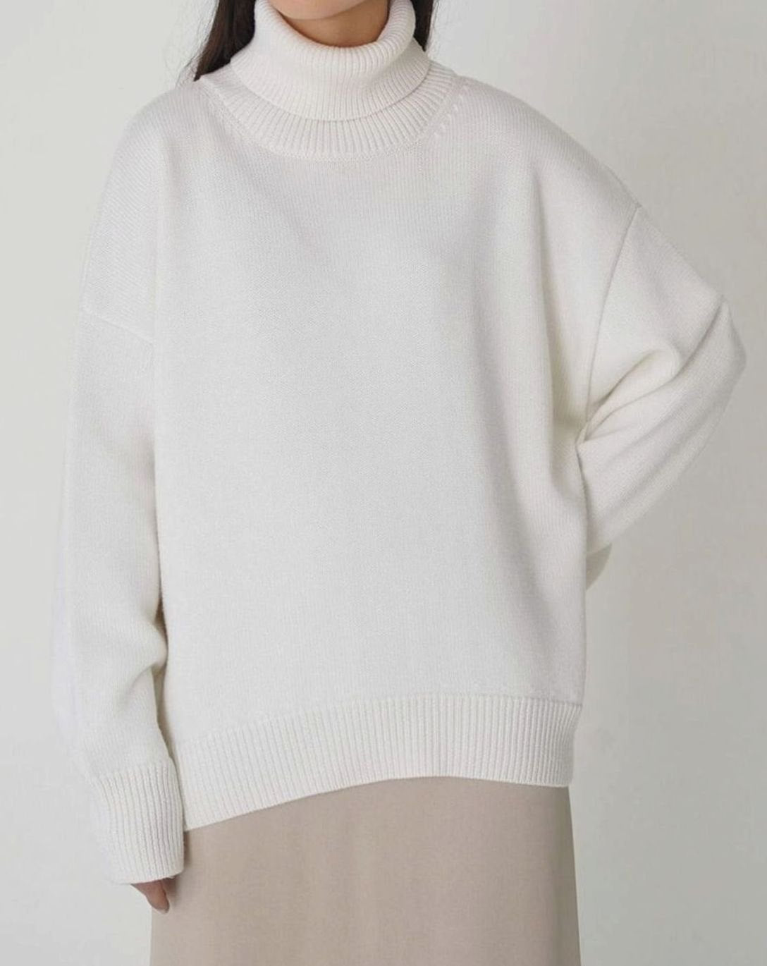 Women's Oversized Roll Neck Jumper Drop Shoulder Knit Pullover