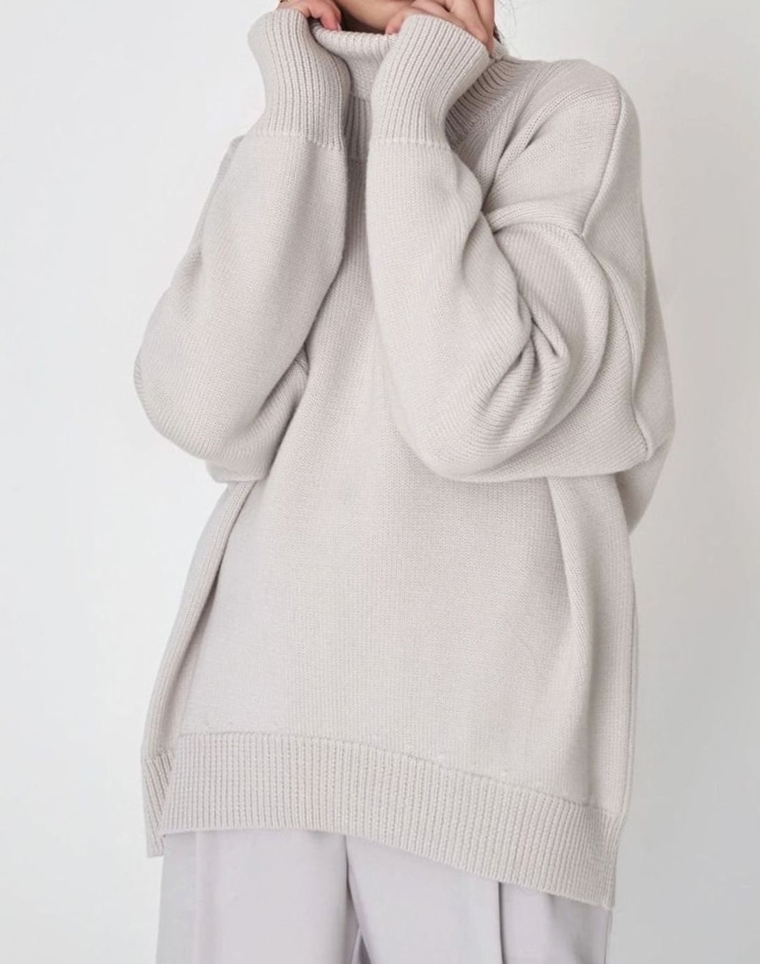 Women's Oversized Roll Neck Jumper Drop Shoulder Knit Pullover - Light Grey