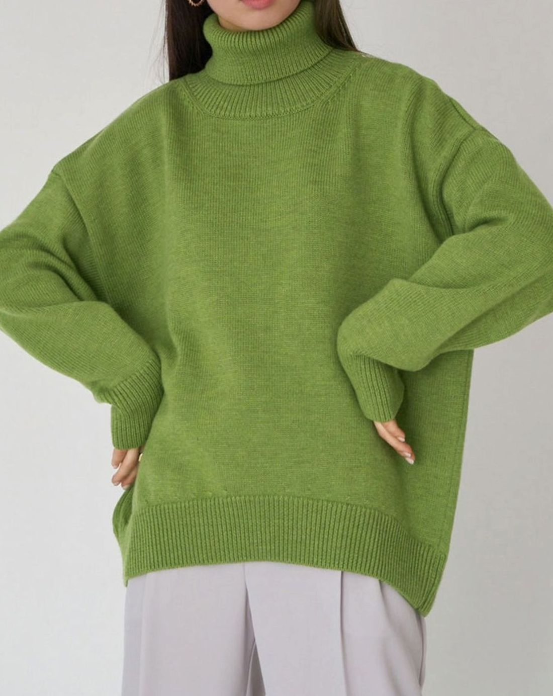 Women's Oversized Roll Neck Jumper Drop Shoulder Knit Pullover - Green