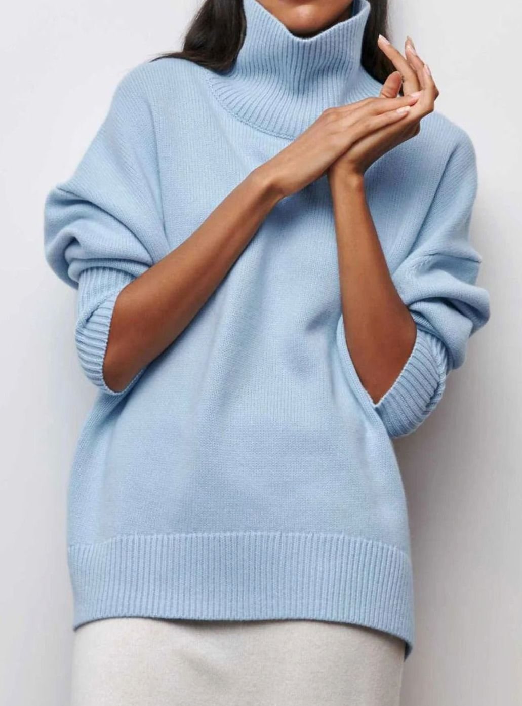 Women's Oversized Roll Neck Ribbed Knit Elbow-Slit Jumper - Blue