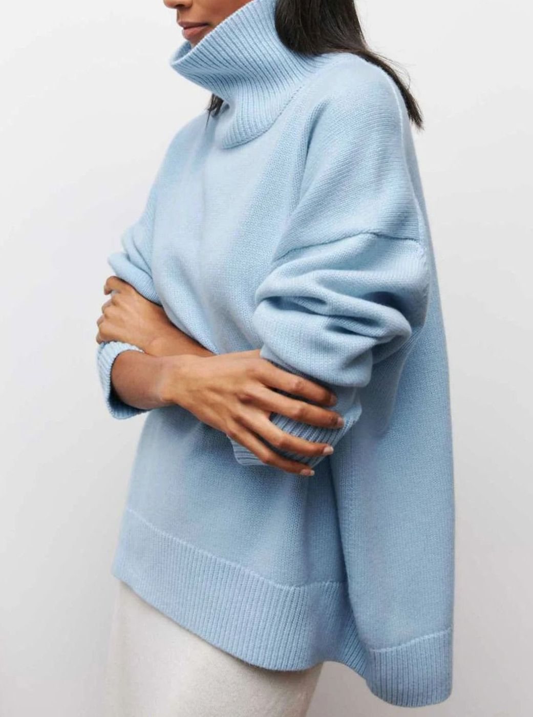 Women's Oversized Roll Neck Ribbed Knit Elbow-Slit Jumper