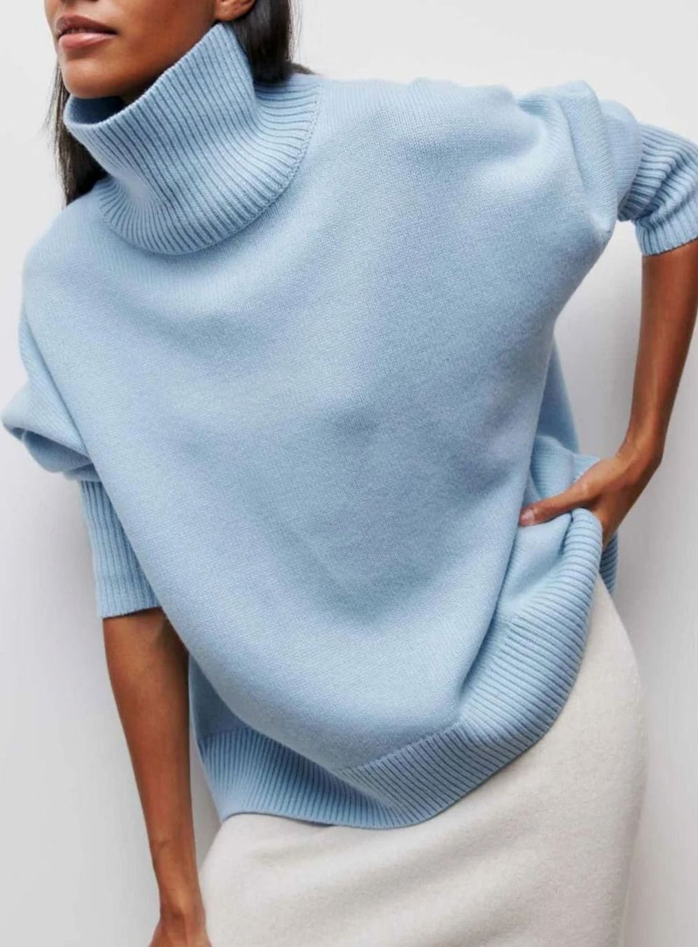 Women's Oversized Roll Neck Ribbed Knit Elbow-Slit Jumper