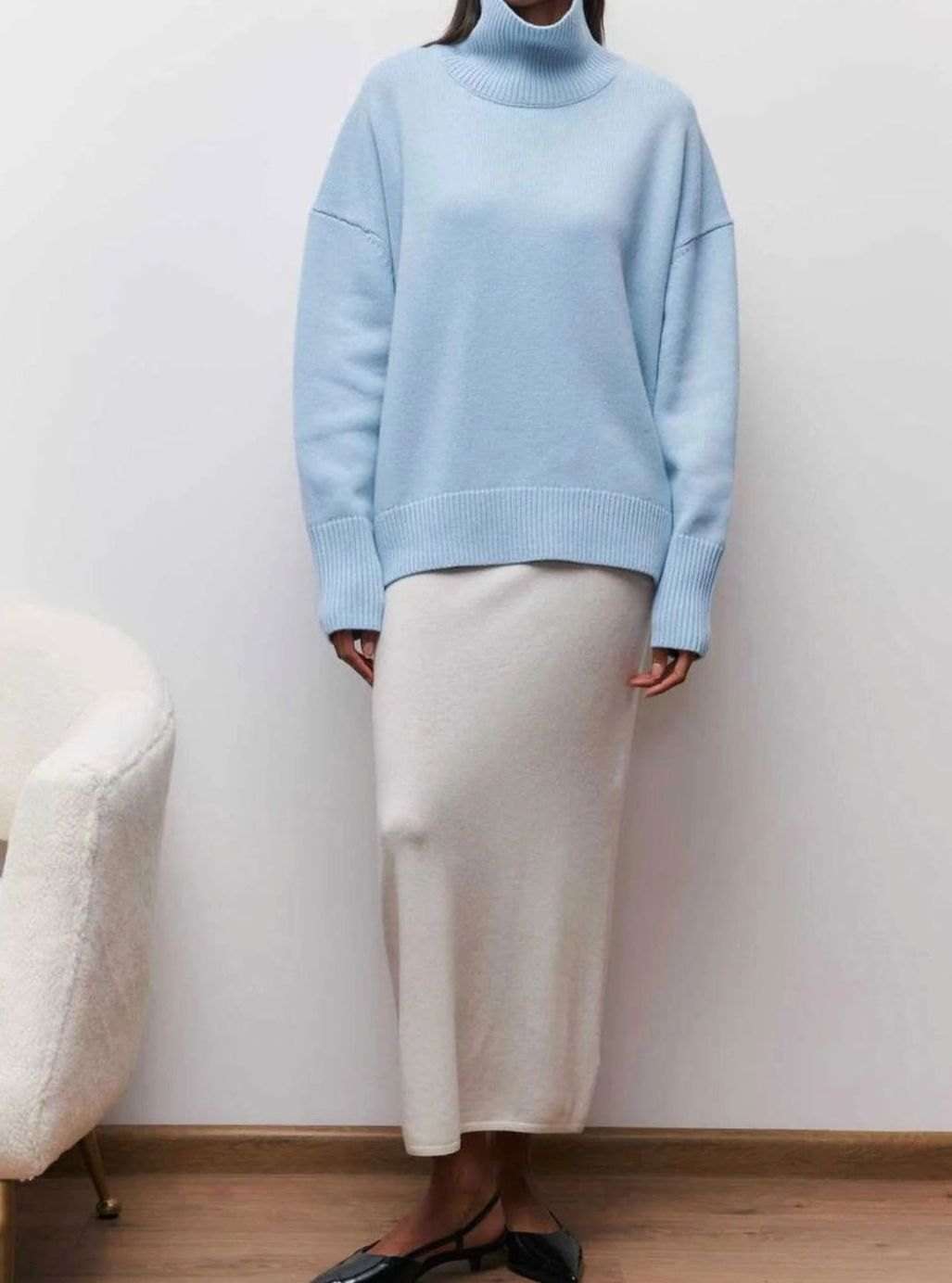 Women's Oversized Roll Neck Ribbed Knit Elbow-Slit Jumper