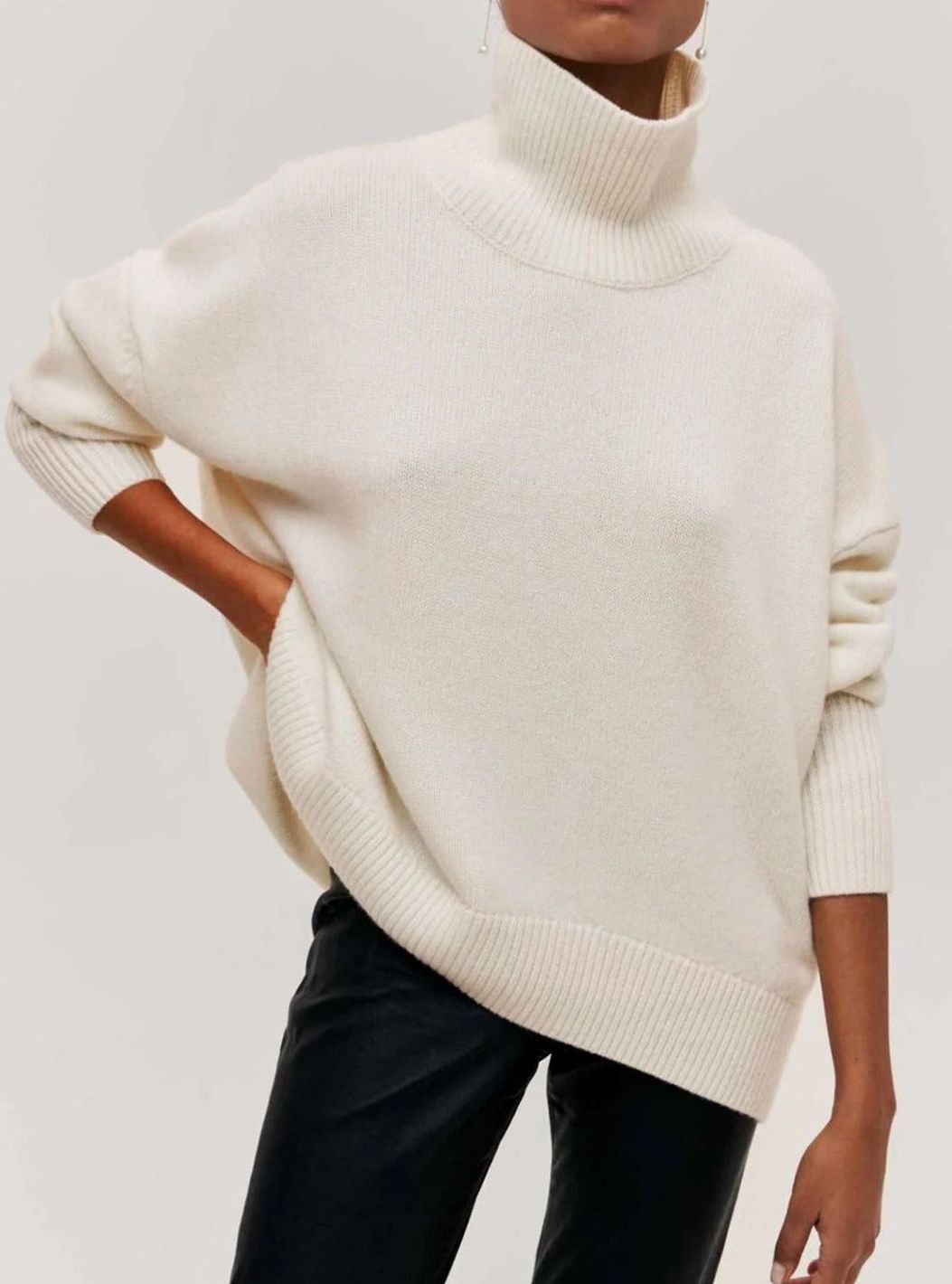 Women's Oversized Roll Neck Ribbed Knit Elbow-Slit Jumper - White