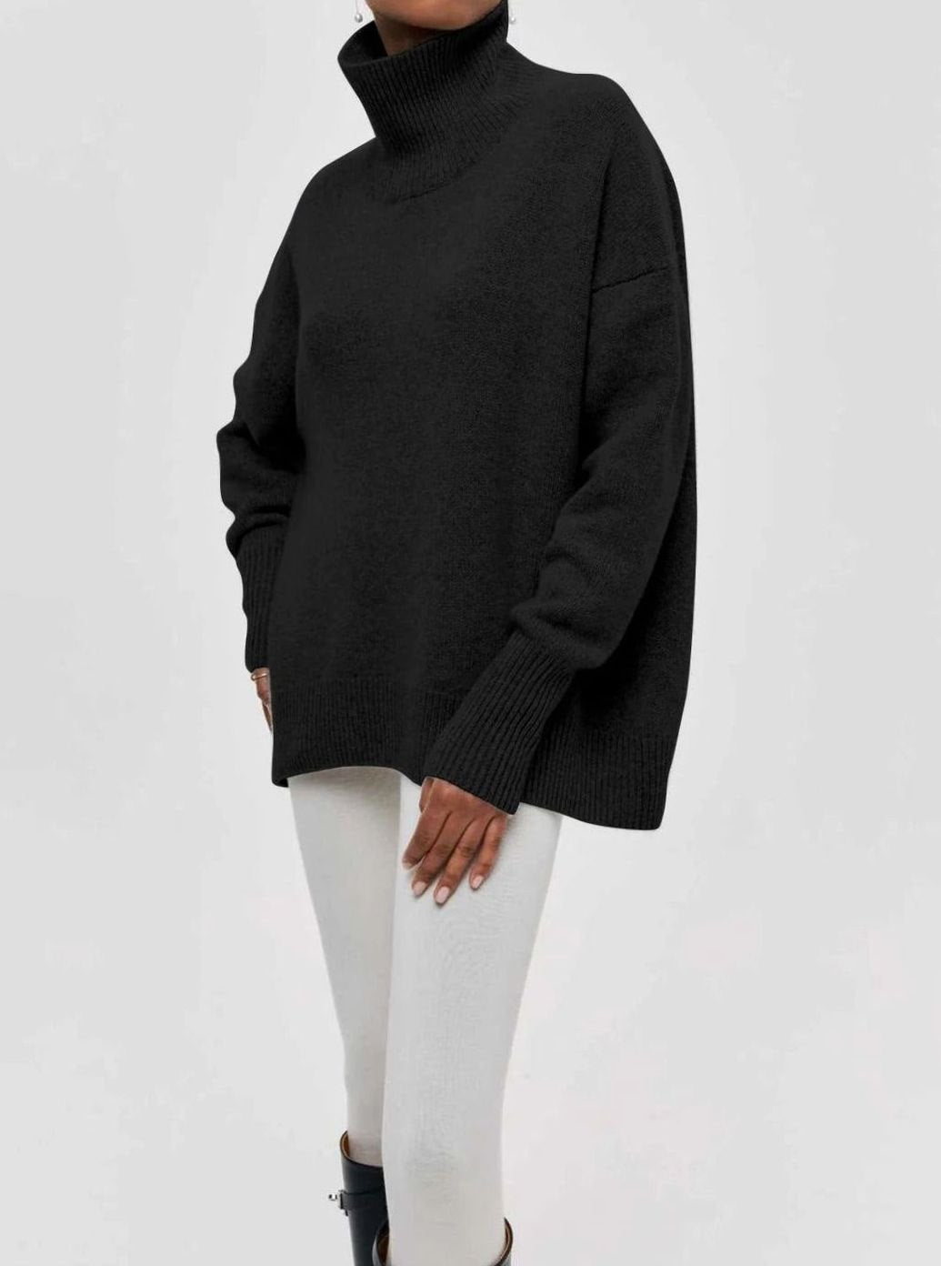 Women's Oversized Roll Neck Ribbed Knit Elbow-Slit Jumper - Black